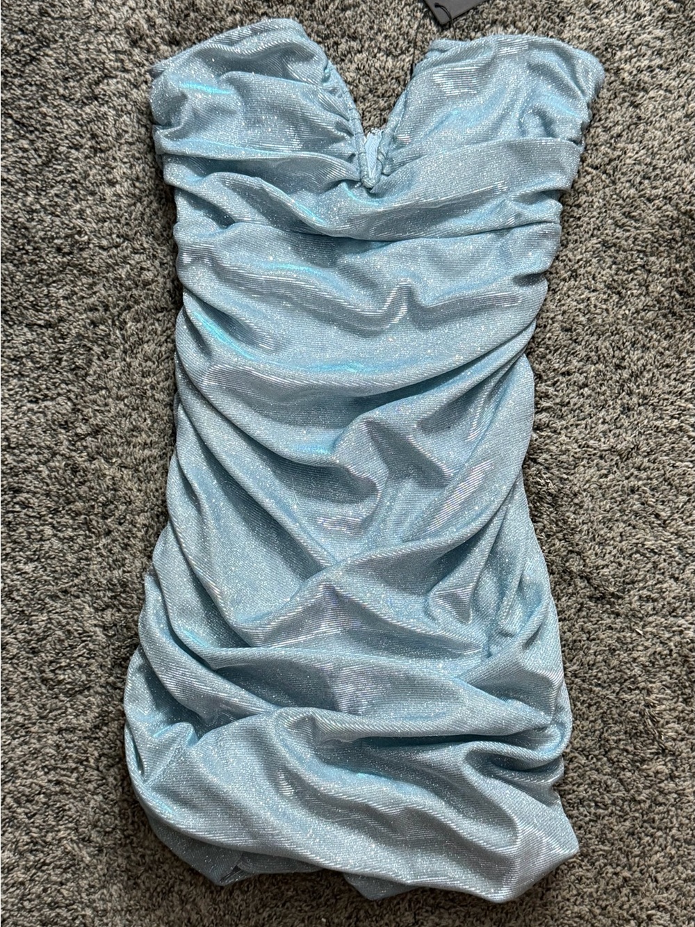 Fashion Nova Sparkling Strapless Ruched Mini Dress in Light Blue